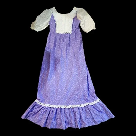 Handmade Dresses | 70s Vintage Womens Prairie Dress Cottage Costume Country Colonial Lace Sz Medium | Color: Purple/White | Size: Medium |